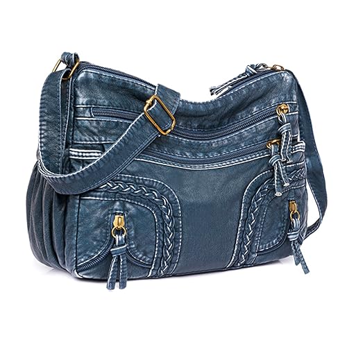 BIOSA Damen-Umhängetasche, Retro-PU-Leder, lässig, gewaschenes Leder, Umhängetasche, großes Fassungsvermögen, vielseitig, verstellbarer Riemen, weibliche Pendlertasche (blau) von BIOSA