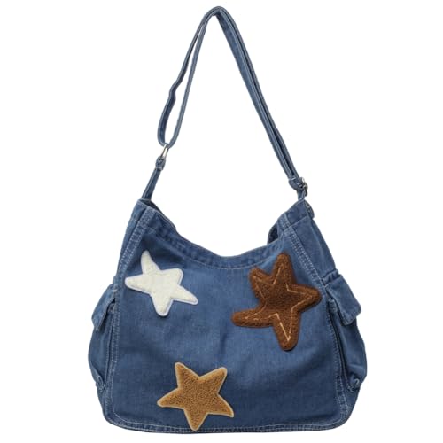 BIOSA Star Denim Trendige Umhängetasche, große Kapazität, modische Handtasche mit Reißverschluss, verstellbarer Riemen, Alltagsgeldbörse, mehrere Taschen für Damen von BIOSA