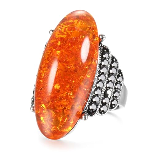 BISONBLUE Ringe Damen Rings Frauen Geschenk Modeaccessoires Modischer großer ovaler Steinring für Damen, schwarzer Kristallring, Vintage 10 Orange von BISONBLUE