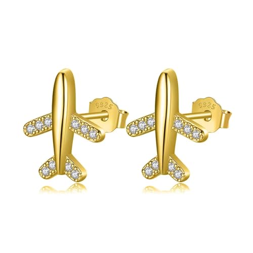 Ohrringe Damen Ohrstecker Damenohrringe Frauen S925 Damen-Ohrschmuck Mädchen Süße Flugzeug-Cz-Ohrstecker, Geschenk Für Frauen Und Mädchen, Da305-Gold von BISONBLUE