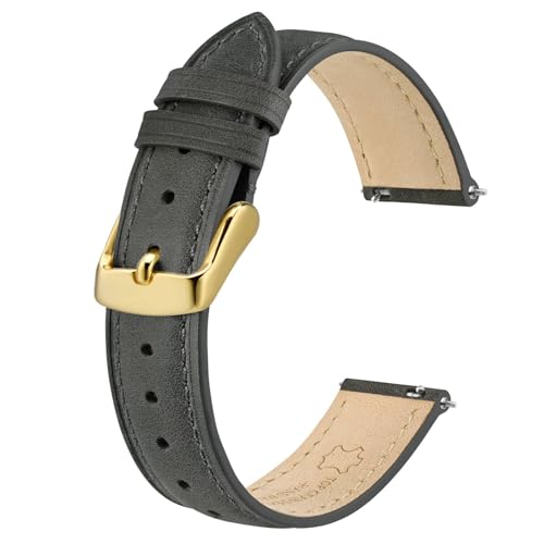 BISONSTRAP Elegante Leder Uhrenarmband, Schnellverschluss, Uhrenarmbänder für Damen und Herren, Kompatibel mit Uhrenanstößen von 12mm, Dunkelgrau (Goldene Schnalle) von BISONSTRAP