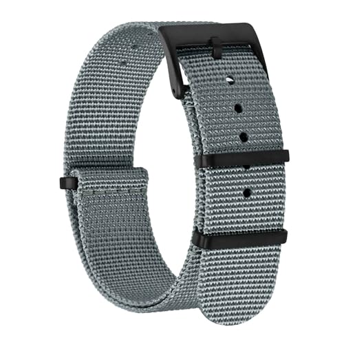 BISONSTRAP Nylon Uhrenarmband für Herren, Einteilige Militär Armband, 18mm, Grau (Schwarze Schnalle) von BISONSTRAP