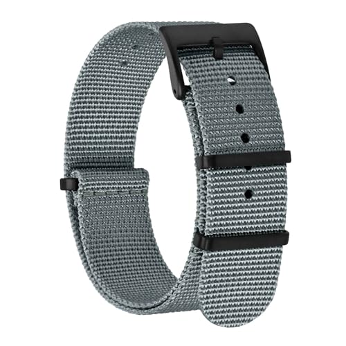 BISONSTRAP Nylon Uhrenarmband für Herren, Einteilige Militär Armband, 22mm, Grau (Schwarze Schnalle) von BISONSTRAP