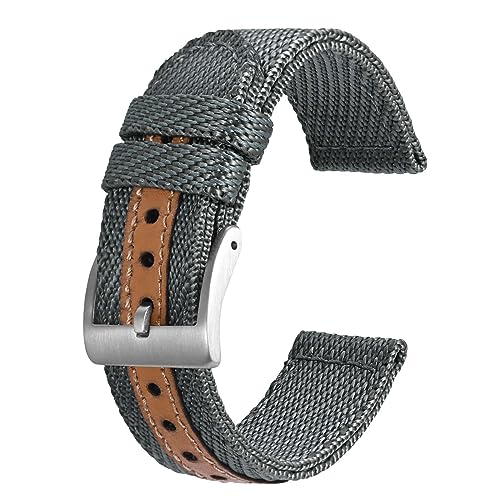 BISONSTRAP Sportliche Nylon Uhrenarmband, Militär Uhrenarmbänder für Herren, 18mm, Grau mit Silberne Schnalle von BISONSTRAP