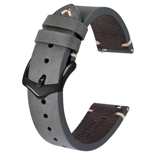 BISONSTRAP Uhrenarmband für Herren, Handgefertigte Stiche Leder Armband, Schnellverschluss, 18mm, Grau mit Schwarzer Schnalle von BISONSTRAP