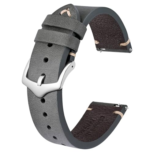 BISONSTRAP Uhrenarmband für Herren, Handgefertigte Stiche Leder Armband, Schnellverschluss, 20mm, Grau mit Silberner Schnalle von BISONSTRAP