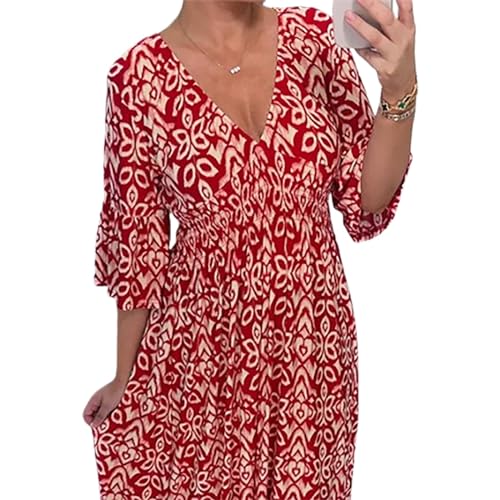 BIUBIULOVE Janisie – Böhmisches, Lässiges, Langes Kleid Mit V-Ausschnitt Und Geraffter Taille, Damen-Midikleid Mit Blumenmuster Für Frühling Und Sommer 2024, Lange Boho-Flowy-Urlaubskleider (Rot,L) von BIUBIULOVE