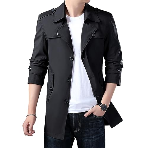 BIUBIULOVE Mittellanger Trenchcoat Im Business-Stil, Herren-Trenchcoat, Schmale Passform, Gekerbtes Revers, Einreihiger Leichter Windjacke, Winddichter Mantel (Schwarz,L) von BIUBIULOVE