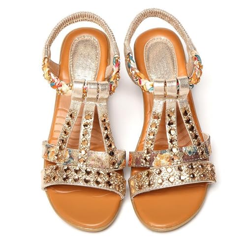 BIUBIULOVE Neue orthopädische Sommer-Strass-Sandalen mit offenem Zehenbereich für Damen, bequeme orthopädische Plateau-Keilsandalen mit Fußgewölbeunterstützung (Gold,35) von BIUBIULOVE