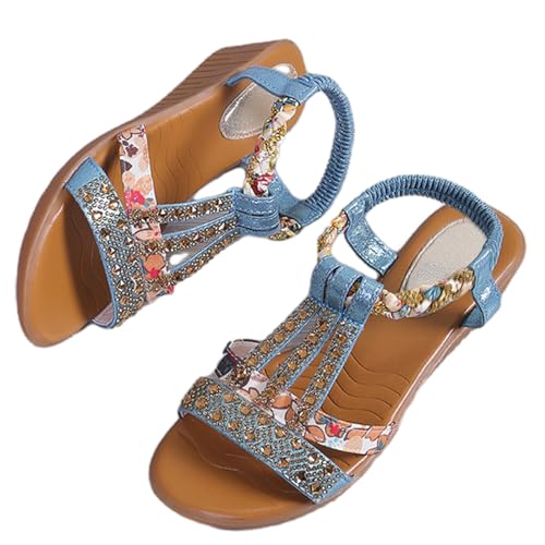 BIUBIULOVE Neue orthopädische Sommer-Strass-Sandalen mit offenem Zehenbereich für Damen, bequeme orthopädische Plateau-Keilsandalen mit Fußgewölbeunterstützung (Himmelblau,36) von BIUBIULOVE