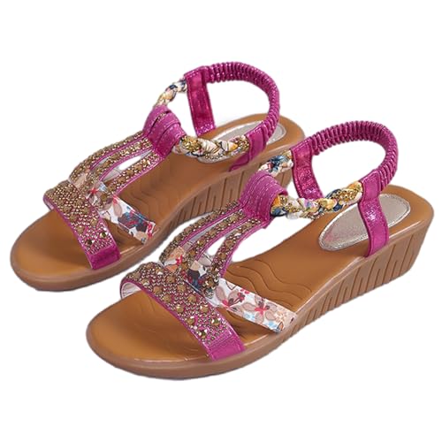 BIUBIULOVE Neue orthopädische Sommer-Strass-Sandalen mit offenem Zehenbereich für Damen, bequeme orthopädische Plateau-Keilsandalen mit Fußgewölbeunterstützung (Rosenrot,34) von BIUBIULOVE