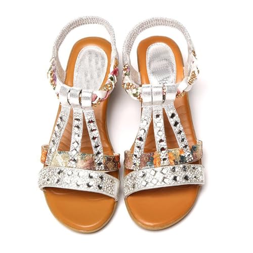 BIUBIULOVE Neue orthopädische Sommer-Strass-Sandalen mit offenem Zehenbereich für Damen, bequeme orthopädische Plateau-Keilsandalen mit Fußgewölbeunterstützung (Silber,38) von BIUBIULOVE