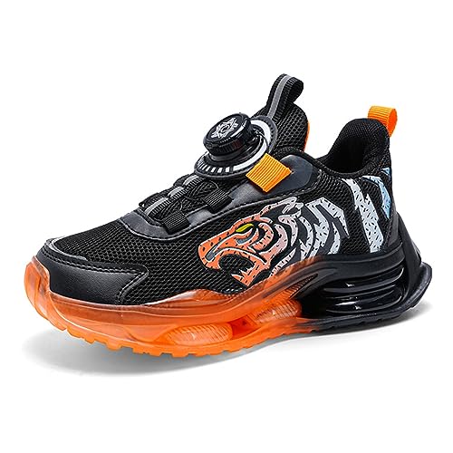 BIackPig Kinder Schuhe Atmungsaktiv Jungen Sportschuhe Mädchen Turnschuhe Laufschuhe mit Drehknopf und rutschfest Licht Sohle 28EU-39EU Schwarz orange 29 EU von BIackPig