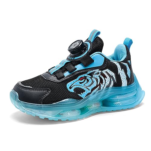 Kinder Schuhe Atmungsaktiv Jungen Sportschuhe Mädchen Turnschuhe Laufschuhe mit Drehknopf und rutschfest Licht Sohle 28EU-39EU Schwarz Blau 28 EU von BIackPig