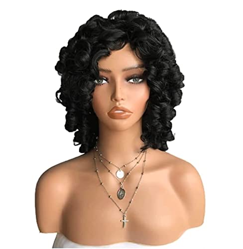 Perücken Perücke Natürliche Kurze lockige Perücke mit Pony, volle kurze Afro-Lockenperücke für schwarze Frauen, elastisch, flauschig Täglichen Party (Color : Nero, Size : 13in) von BKALIT