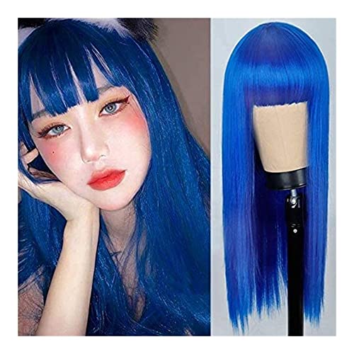 Perücken Perücke Natürliche Lange Glatte Kunsthaarperücken Mit Pony Damen Kostümperücke Haarersatzperücke Täglichen Party (Color : Blu, Size : 27in) von BKALIT