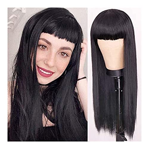 Perücken Perücke Natürliche Lange Glatte Kunsthaarperücken Mit Pony Damen Kostümperücke Haarersatzperücke Täglichen Party (Color : Nero, Size : 27in) von BKALIT