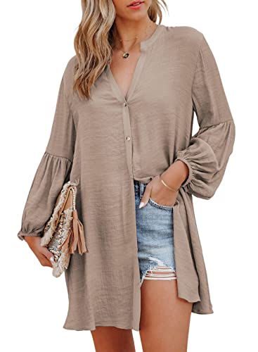 BLENCOT Blusenkleid Damen Bikini Cover up Damen-Blusenkleid mit V-Ausschnitt und Langarm Hemd Damen Oberteile Damen Sommer Langarm Button Down Shirts Kleider, Khaki, L von BLENCOT