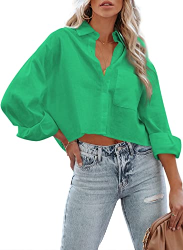 BLENCOT Damen Bluse Button Down Crop Shirts Oversized Langarm Casual Hemd Tops Einfarbig V-Ausschnitt Bluse von BLENCOT