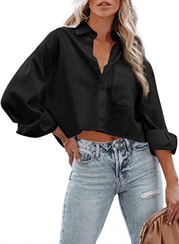 BLENCOT Damen Bluse Button Down Crop Shirts Oversized Langarm Casual Hemd Tops Einfarbig V-Ausschnitt Bluse von BLENCOT