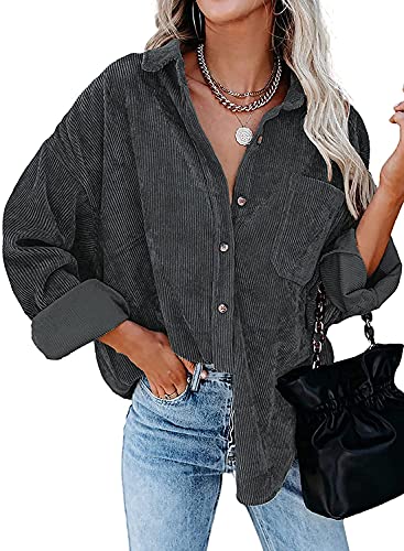 BLENCOT Damen Hemd Elegant Hemdjacke Oversized Jacket Langarm Cord Hemd Button Down Cordjacke Basic Bluse Outwear Herbst Winter Freizeitjacke Grau Hemdbluse XXL von BLENCOT