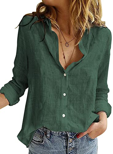 BLENCOT Damen Bluse Langarm Hemden Casual V-Ausschnitt Roll Up Ärmel Button Down Blusen Tops,L,Grün-2 von BLENCOT