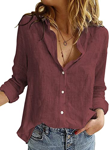 BLENCOT Damen Bluse Langarm Hemden Casual V-Ausschnitt Roll Up Ärmel Button Down Blusen Tops,L,Rot von BLENCOT