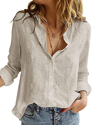 BLENCOT Damen Bluse Langarm Hemden Casual V-Ausschnitt Roll Up Ärmel Button Down Blusen Tops,M,Grau von BLENCOT