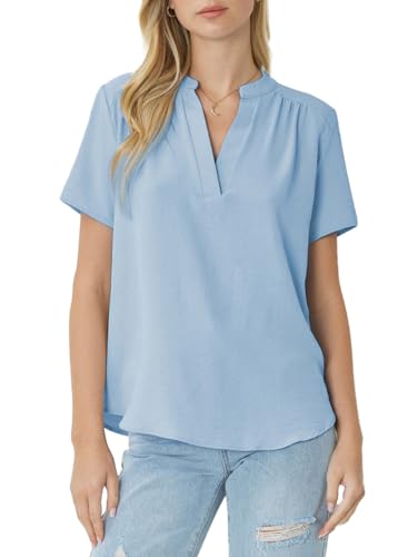 BLENCOT Damen Bluse Seiden V-Ausschnitt Kurzarm Hemd Lässiges Basic Plissee Tunika Top von BLENCOT