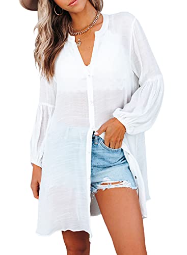 BLENCOT Blusenkleid Damen Bikini Cover up Damen-Blusenkleid mit V-Ausschnitt und Langarm Hemd Damen Oberteile Damen Sommer Langarm Button Down Shirts Kleider, Weiß, XXL von BLENCOT