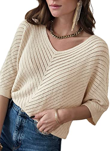 BLENCOT Damen Strickpullover Herbst Casual 3/4 Ärmel Einfarbig Shirt Pullover Strick Pullover Tops von BLENCOT