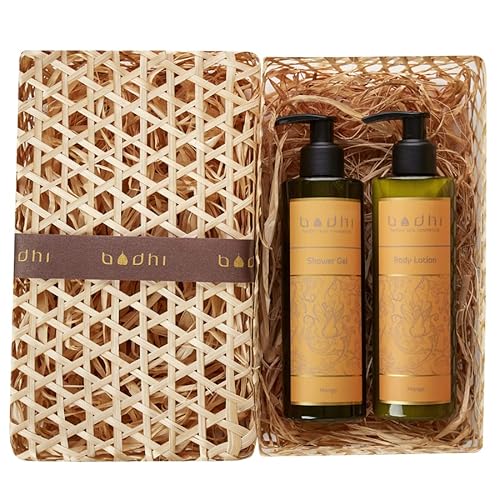 Bodhi® Naturkosmetik Geschenkset MANGO 2 x 250ml - beinhaltet Körpermilch und Duschgel, verpackt in schöner Handgemachter Palmblatt Box für Damen und Herren/Bio & Vegan von BODHI