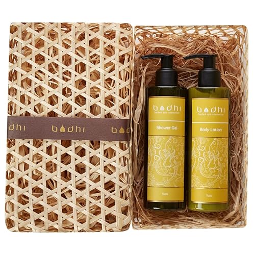 Bodhi® Naturkosmetik Geschenkset YUZU 2 x 250ml - beinhaltet Körpermilch und Duschgel, verpackt in schöner Handgemachter Palmblatt Box für Damen und Herren/Bio & Vegan von BODHI