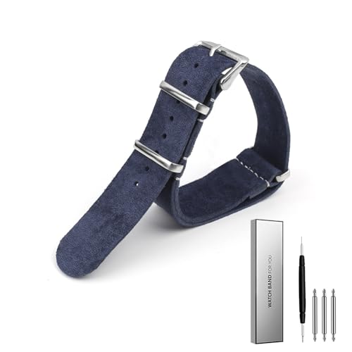 BOLEXA Wildleder-Uhrenarmband, 18 mm, 20 mm, 22 mm, 24 mm, weiches Uhrenarmband, Ersatzgürtel, silberne quadratische Schnalle (Color : Blau, Size : 20mm) von BOLEXA