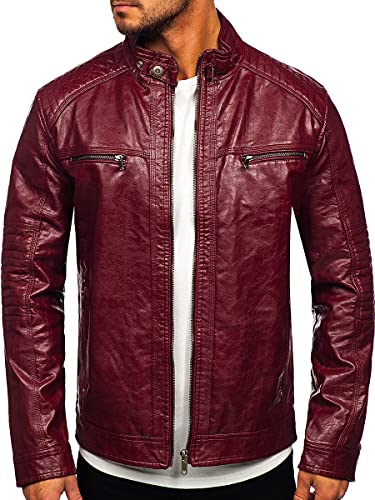 BOLF Herren Lederjacke Stehkragen Kunstlederjacke Bikerjacke Winterjacke Übergangsjacke Steppjacke Motorradjacke Pilotenjacke Fliegerjacke Bomberjacke Casual Style 2002 Weinrot XL [4D4] von BOLF