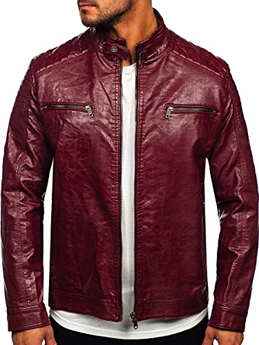 BOLF Herren Lederjacke Stehkragen Kunstlederjacke Bikerjacke Winterjacke Übergangsjacke Steppjacke Motorradjacke Pilotenjacke Fliegerjacke Bomberjacke Casual Style 2003 Weinrot 3XL [4D4] von BOLF