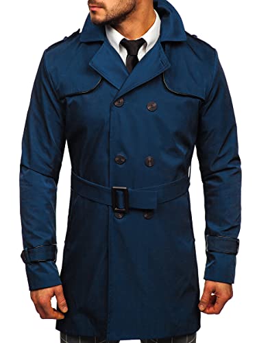 BOLF Herren Mantel Trenchcoat Zweireihiger Reverskragen Herrenmantel mit Gürtel Stehkragen Regenmantel Freizeit Jacke Lange Outdoor Style 0001 Blau(Hell) S [4D4] von BOLF