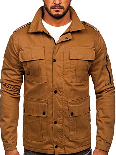 BOLF Herren Übergangsjacke Militär Jacke Fracht Jacke Feldjacke Windbreaker Herbstjacke Baumwolle Jacke Stehkragen Cargo Taschen Military Style 10290 Camel M [4D4] von BOLF