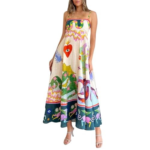 BOLUOBAO Langes Boho-Maxikleid für Sommer mit Spaghettiträgern, Graffiti-Maxikleid，Urlaub, Strand, langes Sommerkleid, Blumen-Kleid, fließendes Cami-Kleid von BOLUOBAO