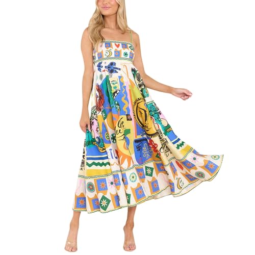 Sommerkleid Damen Sommer Boho Kleid Casual Ärmellos A-Linie Spaghettiträger Strandkleid Lose Freizeit Blumenkleid Leicht Und Luftig Schicke Bohemian Frühlingskleid Dresses for Women von BOLUOBAO