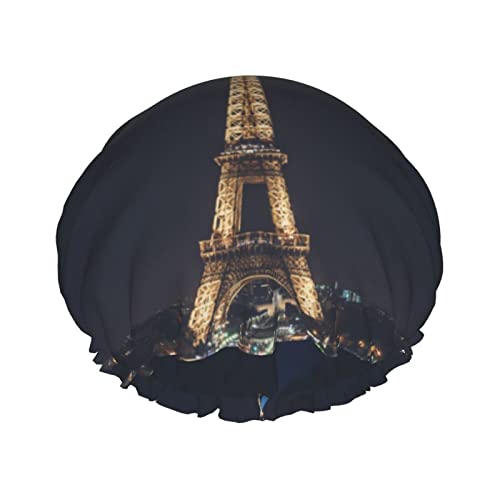 Eiffelturm in Paris bei Nacht bedruckte Duschhaube, doppellagig, wasserdicht, Schutz, Haarkappe, wiederverwendbar, PEVA, elastisch, für Damen und Herren, Spa Salon von BOMENG