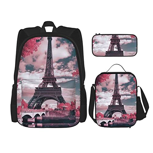 3-teiliges Grand Canal Rucksack-Set, verstellbare Schultertasche, Set mit Lunchbox, Federmäppchen, Landschaft Eiffelturm, Einheitsgröße, Daypack Rucksäcke von BONDIJ