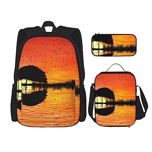 3-teiliges Rucksack-Set, Motiv: Blumen, Rose, Schmetterling, verstellbare Schultertasche, Set mit Lunchbox, Federmäppchen, Gitarre Musik Sonnenuntergang, Einheitsgröße, Daypack Rucksäcke von BONDIJ