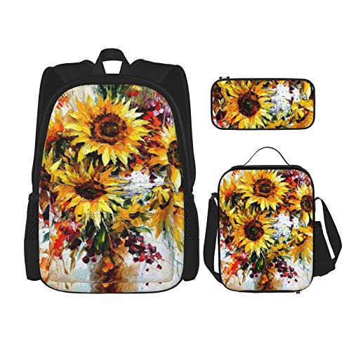 3-teiliges Rucksack-Set, Motiv: Blumen, Rose, Schmetterling, verstellbare Schultertasche, Set mit Lunchbox, Federmäppchen, Ölgemälde Sonnenblume, Einheitsgröße, Daypack Rucksäcke von BONDIJ