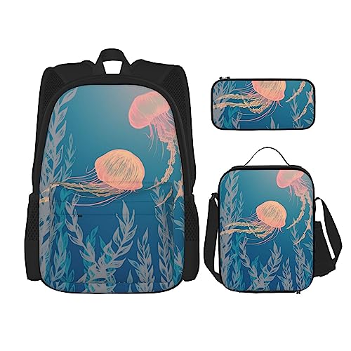 3-teiliges Rucksack-Set im Querformat, verstellbare Schultertasche, Set mit Lunchbox, Federmäppchen, Quallen Illustration, Einheitsgröße, Daypack Rucksäcke von BONDIJ