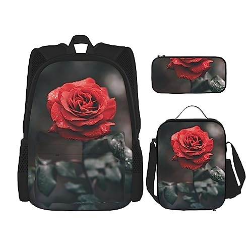 3-teiliges Rucksack-Set im Querformat, verstellbare Schultertasche, Set mit Lunchbox, Federmäppchen, Rosenblüte, Einheitsgröße, Daypack Rucksäcke von BONDIJ