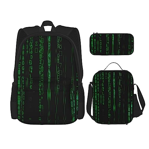 3-teiliges Rucksack-Set mit Leopardenmuster, verstellbare Schultertasche, Set mit Lunchbox, Federmäppchen, Grüne Zahl Binär, Einheitsgröße, Daypack Rucksäcke von BONDIJ