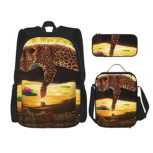 3-teiliges Rucksack-Set mit Leopardenmuster, verstellbare Schultertasche, Set mit Lunchbox, Federmäppchen, Lustiger Leopard, Einheitsgröße, Daypack Rucksäcke von BONDIJ