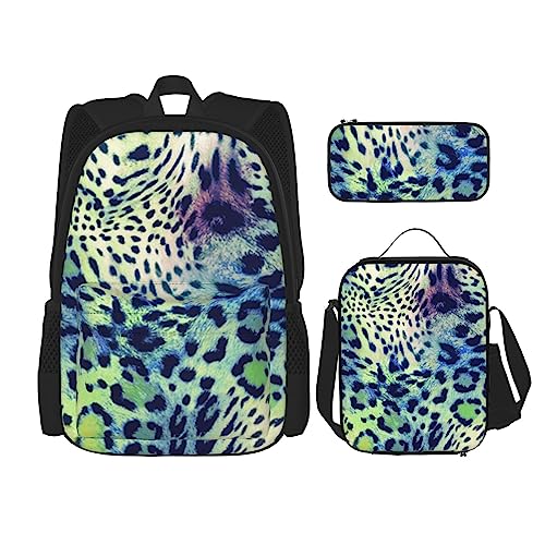 3-teiliges Rucksack-Set mit frischen reifen Äpfeln, verstellbare Schultertasche, Set mit Lunchbox, Federmäppchen, Grüner Leopard, Einheitsgröße, Daypack Rucksäcke von BONDIJ