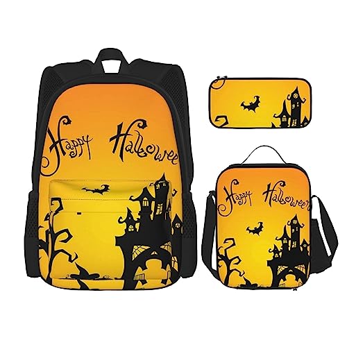 3-teiliges Rucksack-Set mit frischen reifen Äpfeln, verstellbare Schultertasche, Set mit Lunchbox, Federmäppchen, Kürbis Fledermaus Haus, Einheitsgröße, Daypack Rucksäcke von BONDIJ